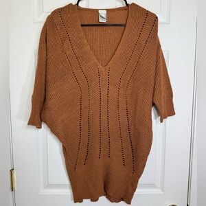 Lilian Rust Brown‎ V-Neck Open Knit Short Sleeve Sweater Tunic 1X Cotton Blend